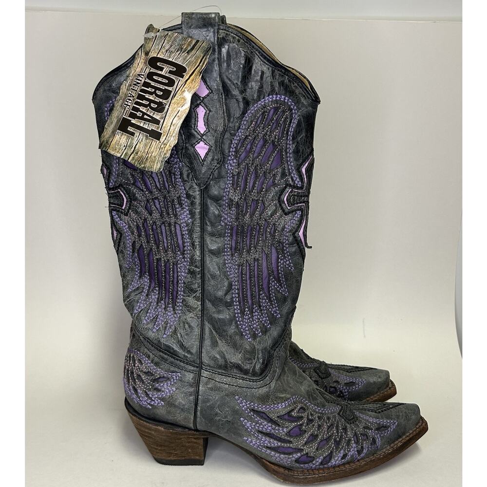 Corral Boots A1969 Women 7 M Inlaid Purple Cross Wings Western Cowboy vintage